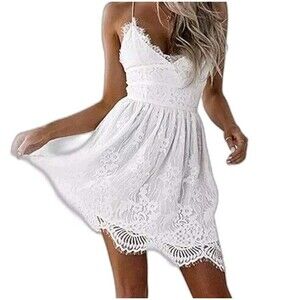 Aooksmery White Lace Mini Dress Corset Back Sweetheart Neck Small / 6